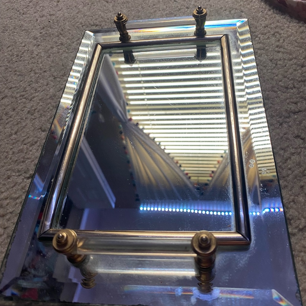 VINTAGE Glass and gold platter with handles